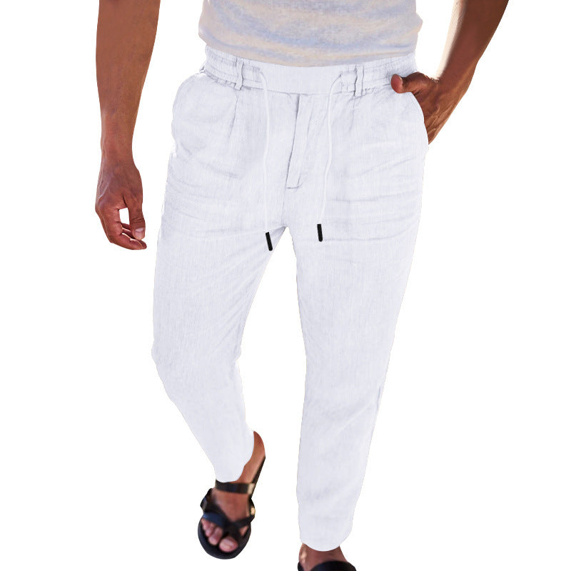 Autumn Thin Casual Cotton And Linen Drawstring Straight-leg Trousers