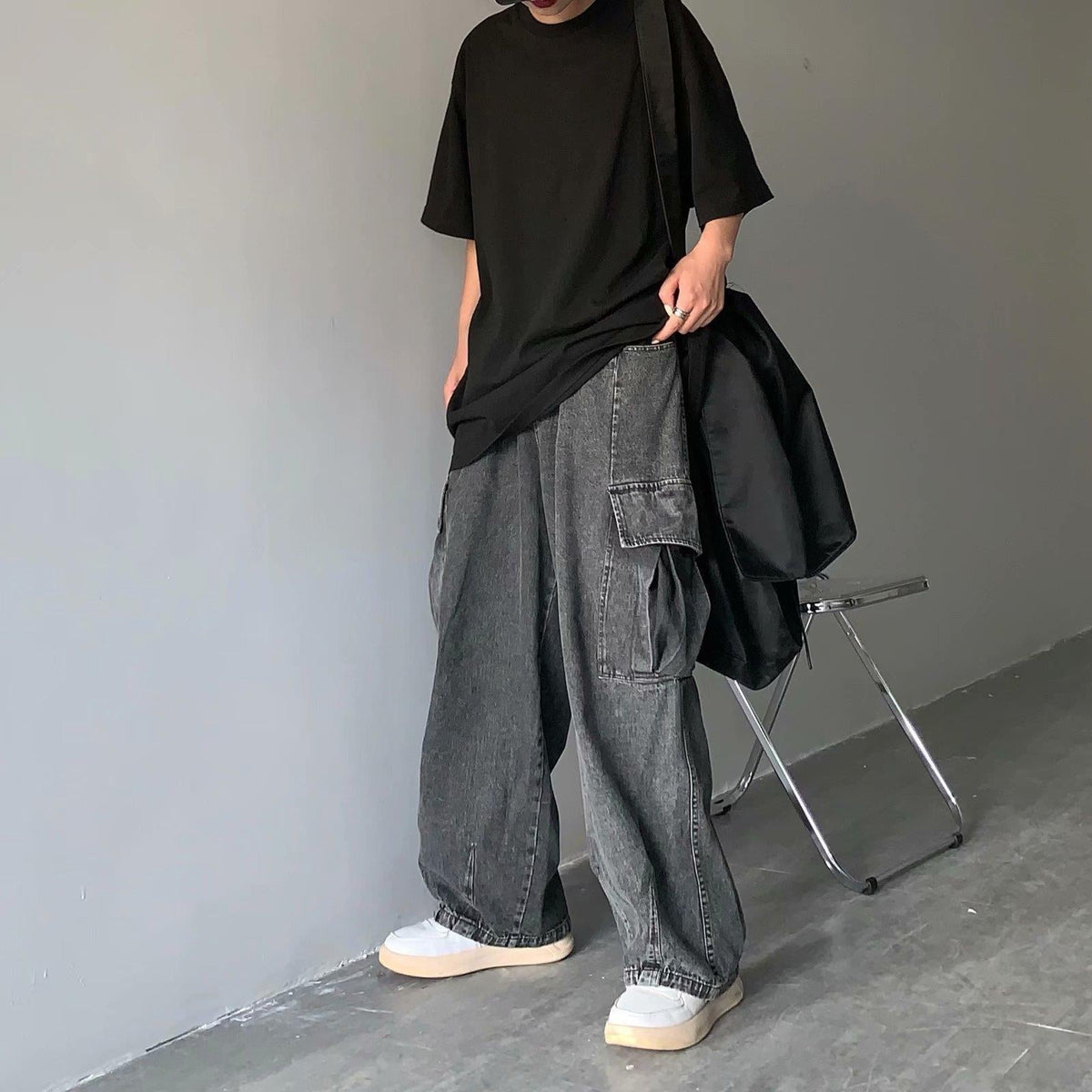 Street Retro Drape Large Loose Pockets Cargo Jeans