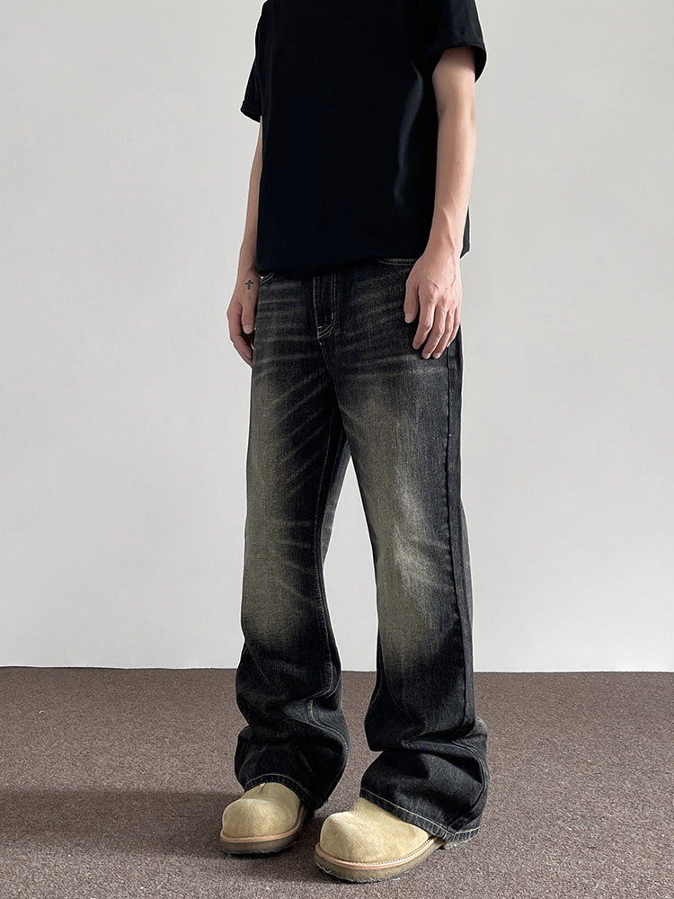 Retro Yellow Mud Dyed Cat Beard Worn Jeans
