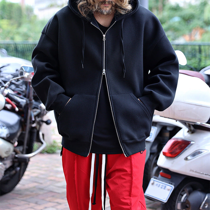 Fashion Solid Color Zipper Hooded Jacket Men