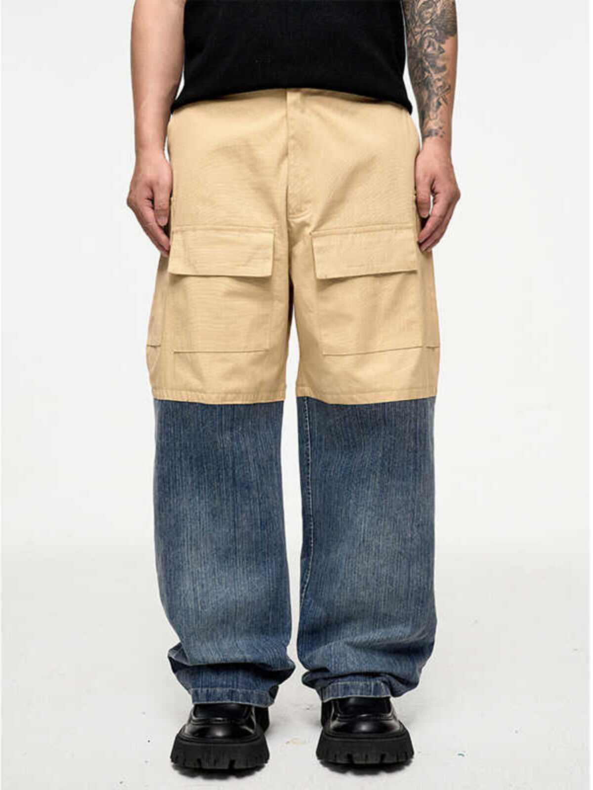 Retro Multi-pocket Stitching Denim Contrast Color Loose Straight Casual Pants