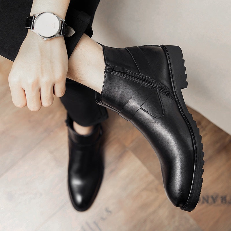 Zipper Pointed British Style High-top Large Size Leather Boots